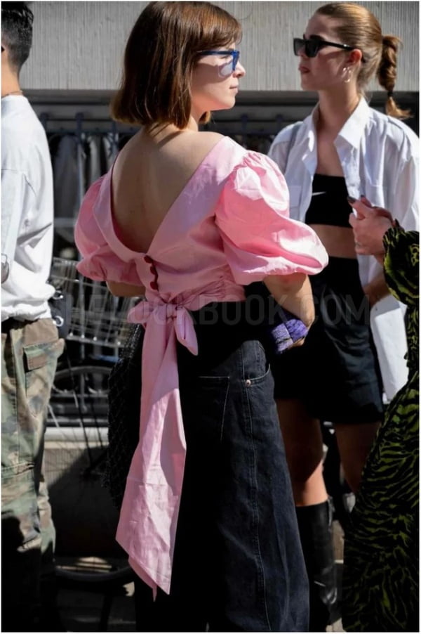 Denim Outfit And Backless Top In Pink