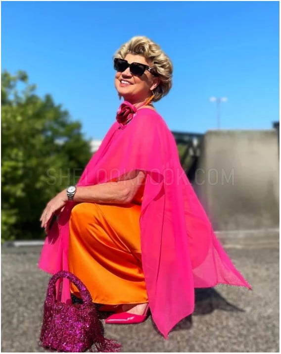 Combination Of Pink And Orange Colors 60 Year Old Woman Outfit