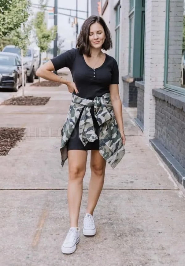 Khaki Shirt Tied Around The Waist Short Black Dress Buttons White Sneakers