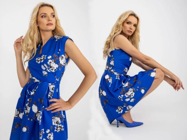 Cobalt-Blue-Womens-Dress-With-A-White-Black-Pattern-Of-Roses-And-A-Bow