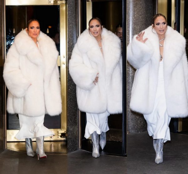 Jennifer Lopez In Airy Dress With Huge Fluffy Fur Coat And Crystal Boots