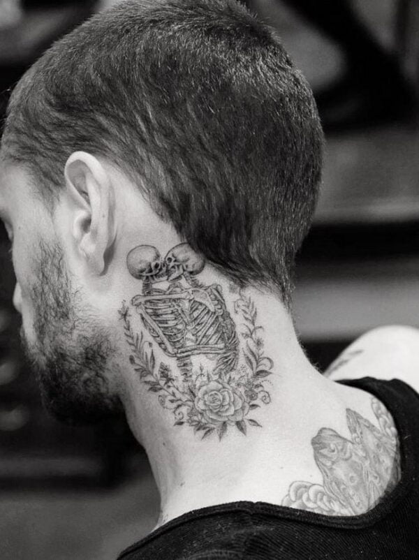 Neck Tattoo For Men, Neck-Tattoo-For-Men-Couple-Of-Skeletons-And-Flowers-4085990-5782831