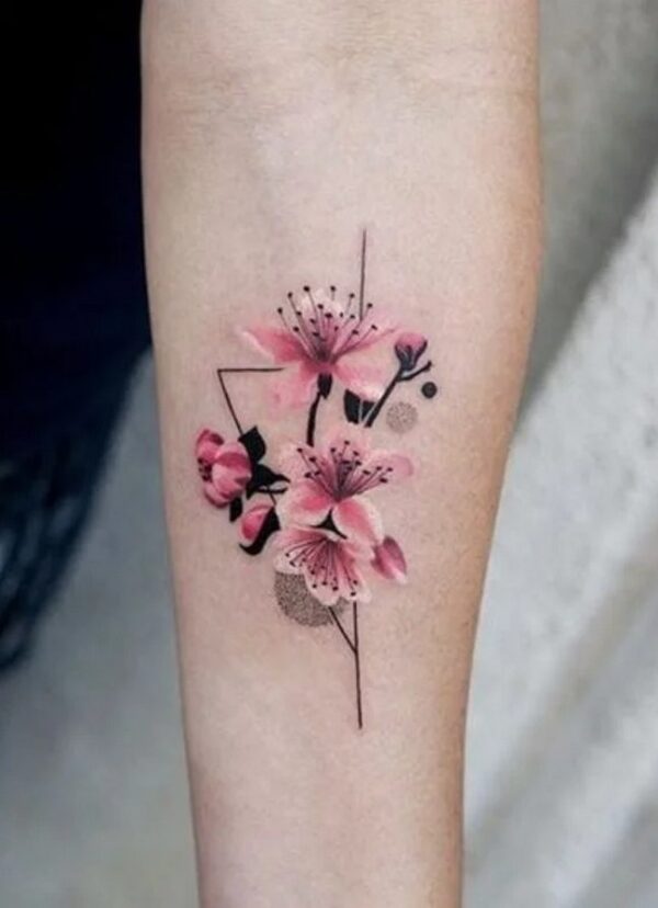 Geometric Cherry Blossom Tattoo On Forearm