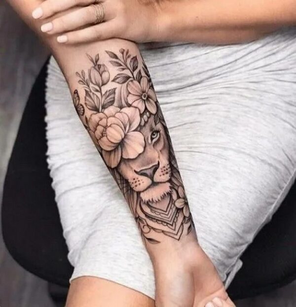 Large Forearm Tattoo For Women Plants And Lion