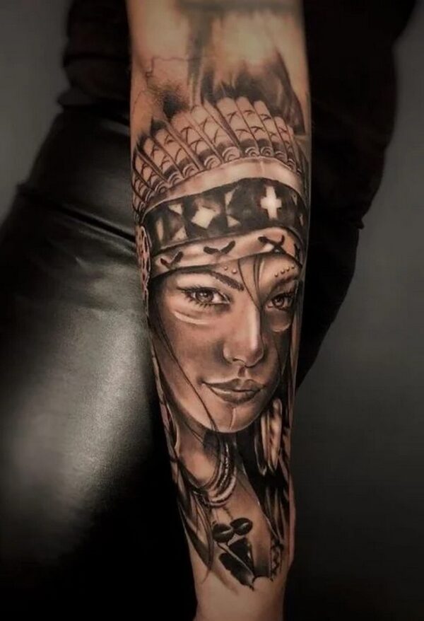 Large Indian Face Shaped Forearm Tattoo For Women