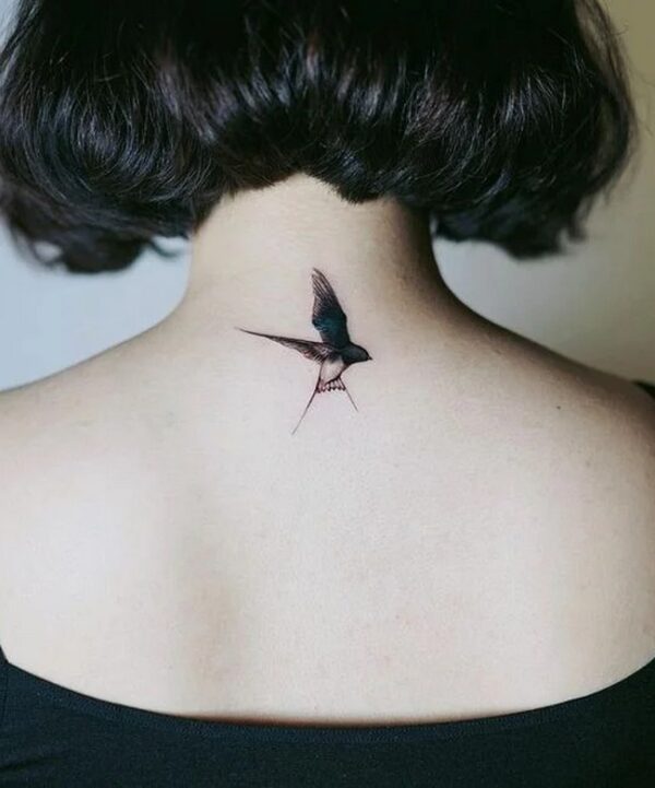 Magpie Tattoo On The Back Of The Neck