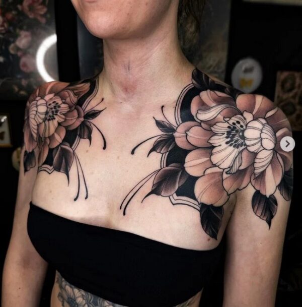 Peony Duo Tattoo On Shoulders