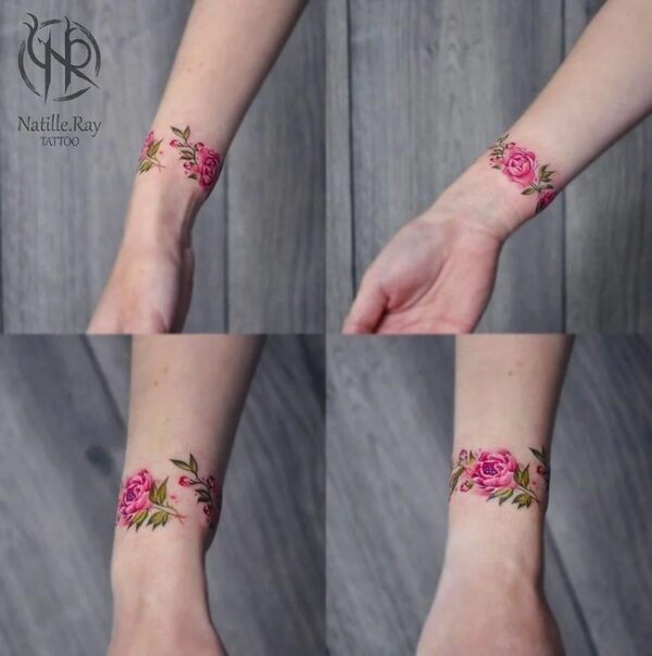 Pink Peony Bracelet Tattoo On Wrist