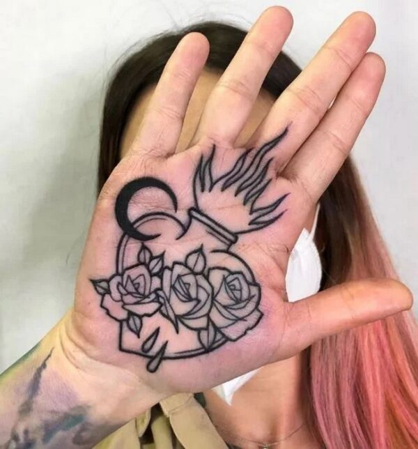 Sacred Heart, Flower, And Flames Tattoo