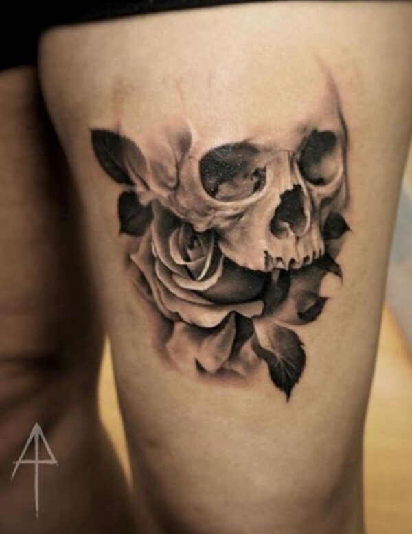 Skull Tattoo With Rose In Black And Grey