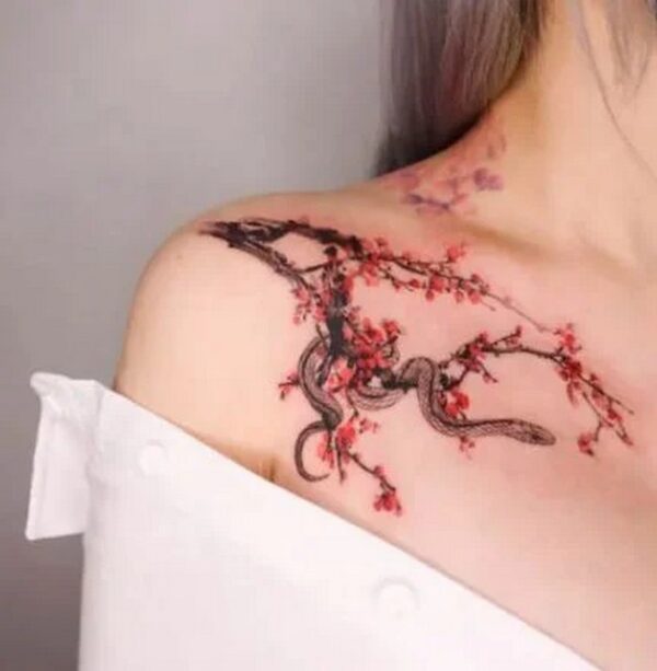 Snake And Cherry Tree Tattoo