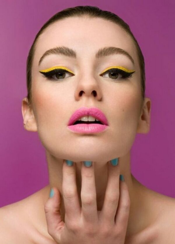 Brown Eye Makeup Green Funky Makeup Yellow Pink Lipstick Blue Nail Polish