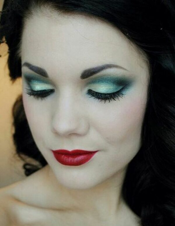 Makeup Green Eyes Retro Vintage Style Black Hair Lips Intense Lipstick